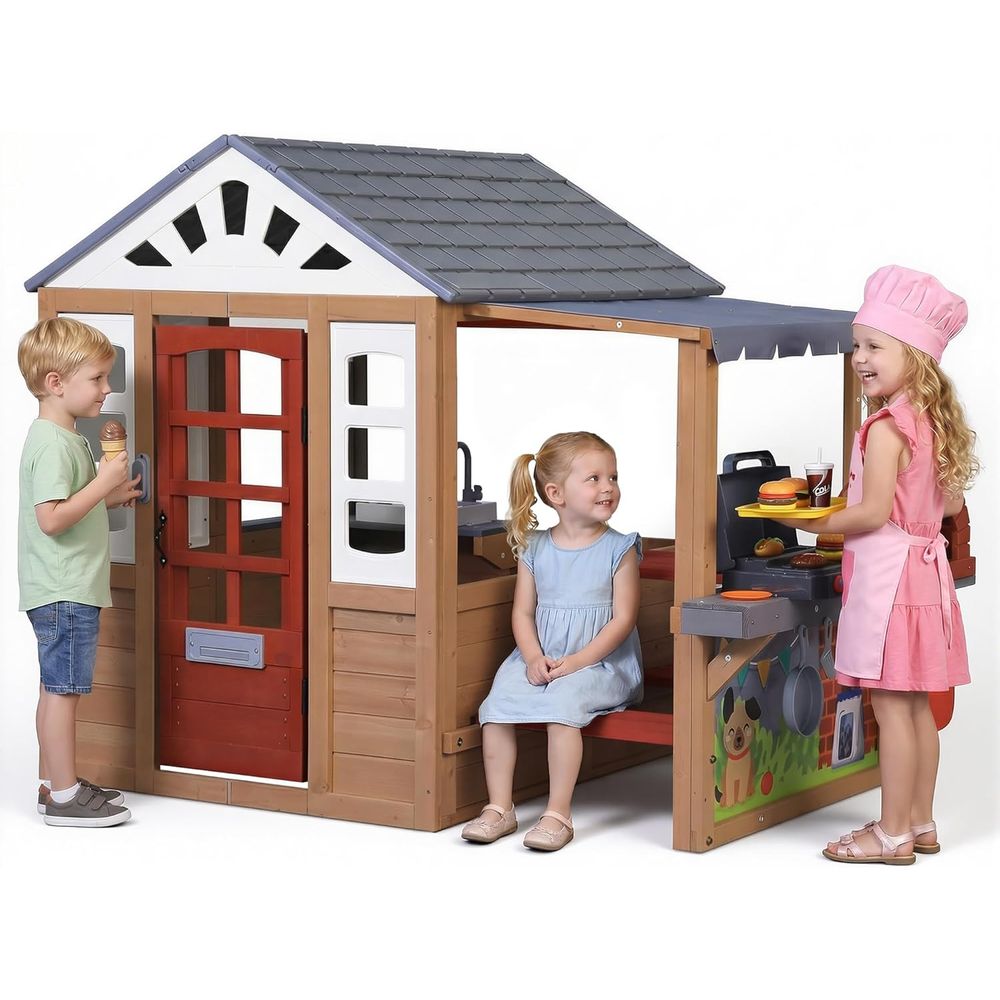 Kids Outdoor House With Kitchen - Kids Outdoor Wooden Playhouse, CeWooden Play